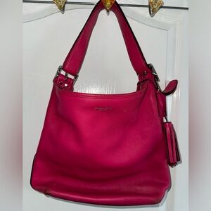 Coach Raspberry Pink Leather Shoulder Bag with Adjustable Straps and Tassels